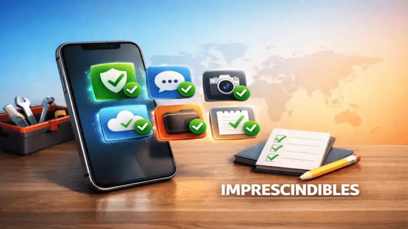 Imagen de aplicaciones móviles esenciales en un teléfono inteligente y notas en una mesa de trabajo.