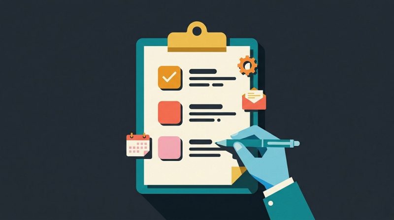 Una lista de tareas con casillas marcadas sobre un escritorio limpio.