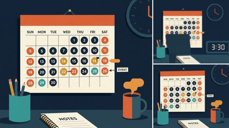Un calendario de pared con fechas marcadas y notas adhesivas.