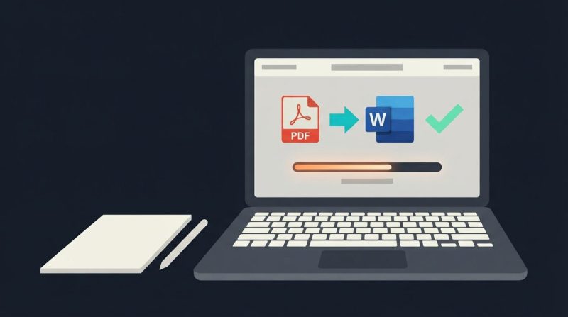 Icono de archivo PDF transformándose en documento de Word en una pantalla.