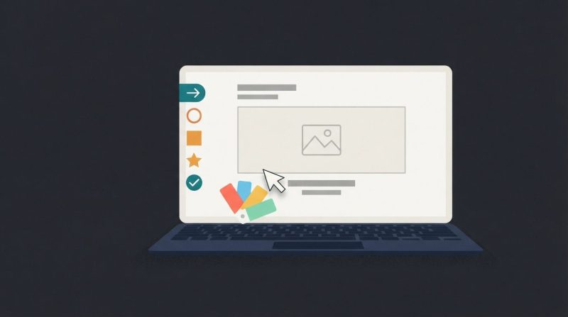 Ordenador portátil mostrando una diapositiva en edición con iconos y herramientas de diseño.