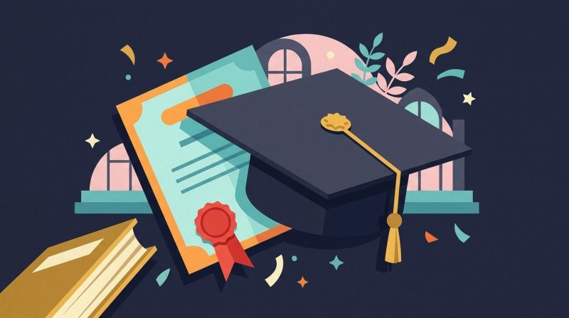 Un birrete de graduación sobre una mesa de estudio con libros.