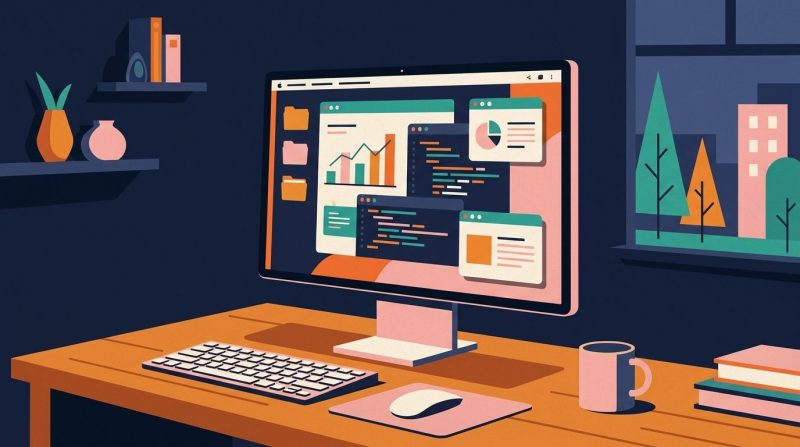 Monitor de ordenador mostrando líneas de código sobre un escritorio limpio.