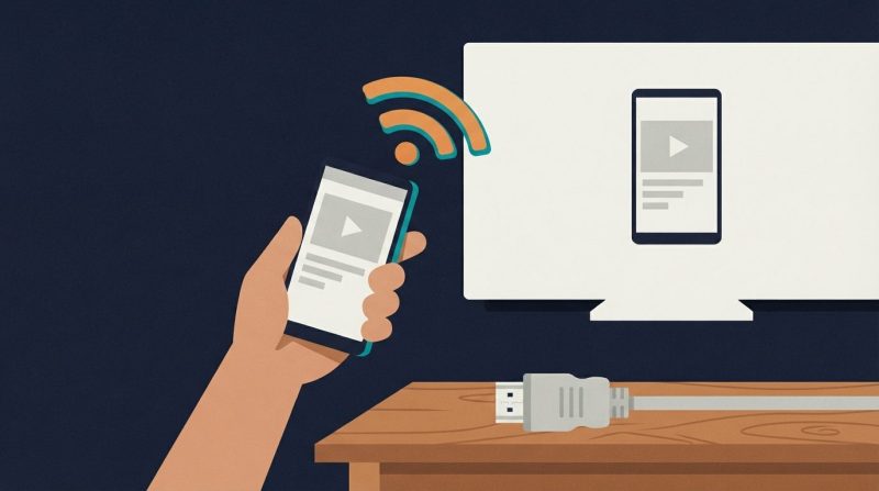 Un smartphone conectado inalámbricamente a un televisor junto a un cable HDMI.