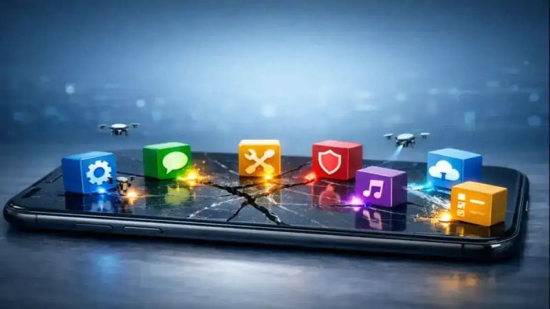 Imagen de un teléfono inteligente con iconos de aplicaciones esenciales flotando sobre la pantalla r.