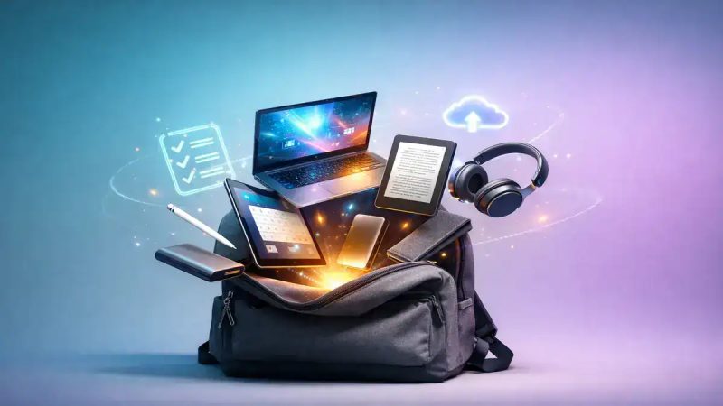 Dispositivo con múltiples gadgets tecnológicos emergiendo de una mochila, incluyendo laptop, tablet,.