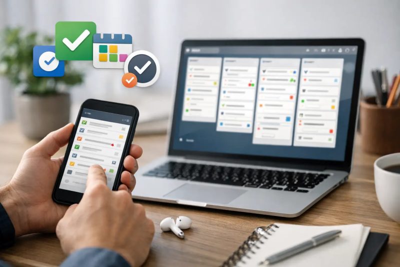Aplicación y software de gestión de tareas en móvil y laptop para mejorar productividad.