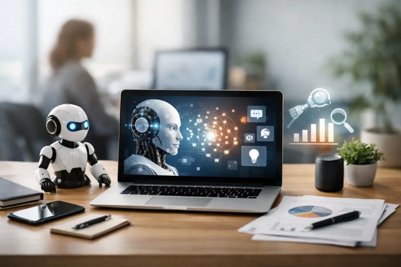 Robot y tecnología de IA en oficina moderna con gráficos y análisis digital.