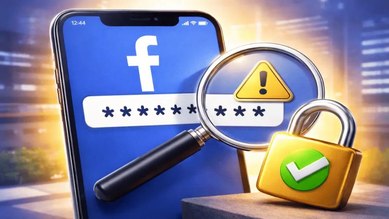 Pantalla de móvil con logo de Facebook, lupa y candado de seguridad, indicando cambio de contraseña.