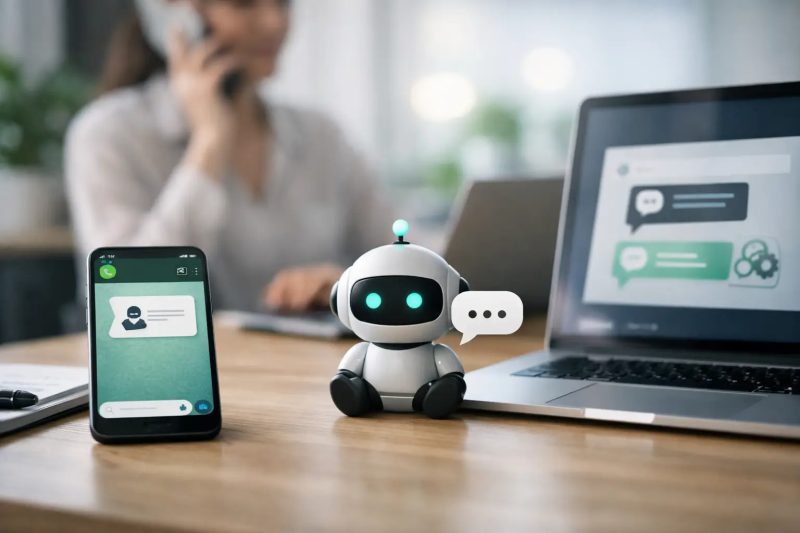 Robot de chat y tecnología de comunicación en oficina moderna.