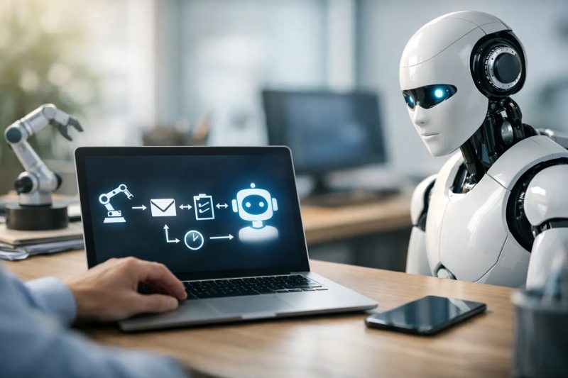 Robots y tecnología en oficina con inteligencia artificial y automatización.