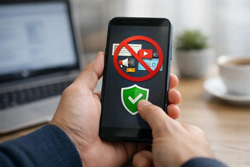 Persona usando teléfono móvil con símbolo de prohibido y protección digital.