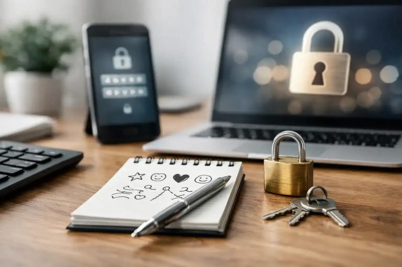 Teléfono, candado y llaves en escritorio.