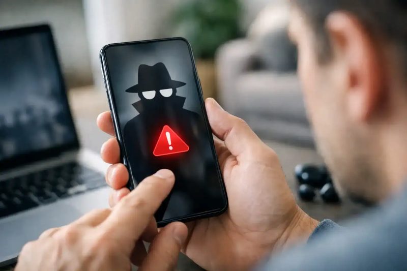 Alerta de seguridad en teléfono móvil con icono de advertencia y sombrero misterioso.