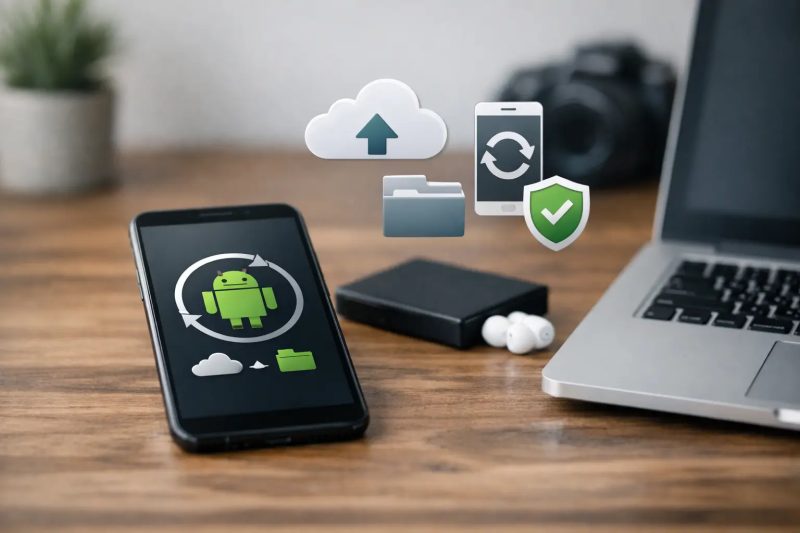 Teléfono Android con iconos de respaldo y sincronización en la nube, portátil y accesorios tecnológi.