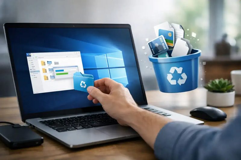 Persona eliminando archivos en Windows con una papelera de reciclaje digital en la pantalla.