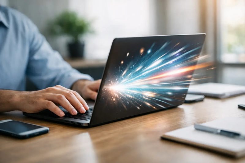 Portátil con efectos de luz y tecnología avanzada para trabajo y entretenimiento.