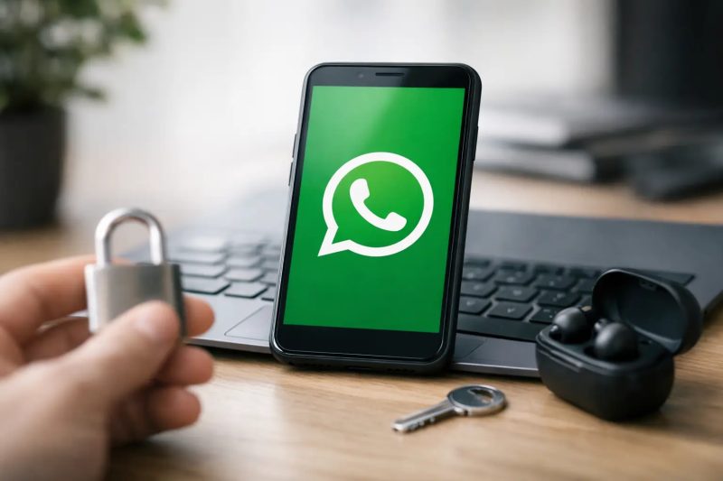Teléfono móvil con logo de WhatsApp en pantalla, junto a auriculares y llave en escritorio de oficin.