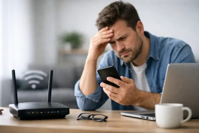 Hombre con dolor de cabeza usando móvil en oficina con router Wi-Fi.