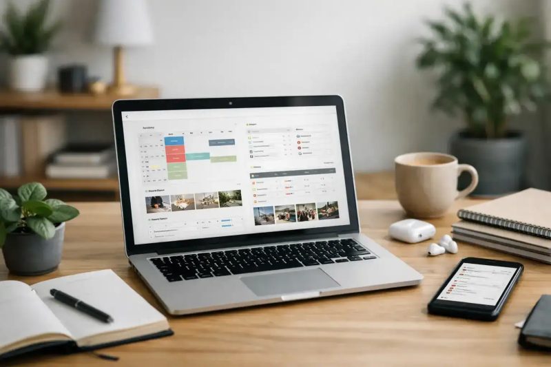 Ordenador portátil con calendario y aplicaciones de productividad en escritorio de oficina.