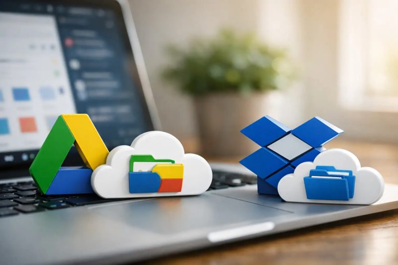 Iconos de Google Drive y Dropbox en un portátil, representando almacenamiento en la nube y servicios.