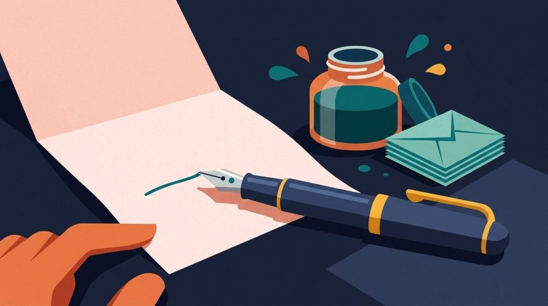 Pluma estilográfica sobre una hoja de papel con anotaciones manuscritas.