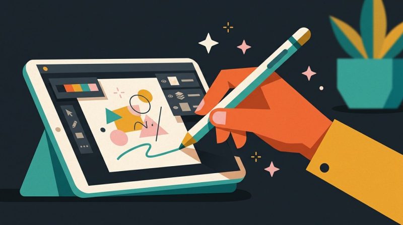 Un lápiz digital apoyado sobre una pantalla de tableta encendida.