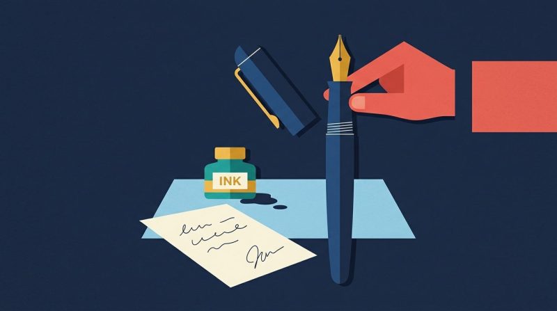 Pluma estilográfica apoyada sobre un cuaderno abierto con anotaciones académicas.