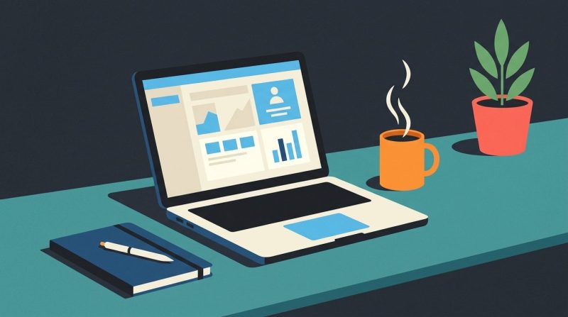 Un ordenador portátil abierto sobre un escritorio con documentos de estudio.