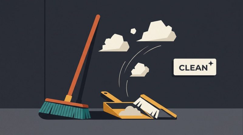 Una escoba barriendo iconos de archivos sobre una superficie digital.