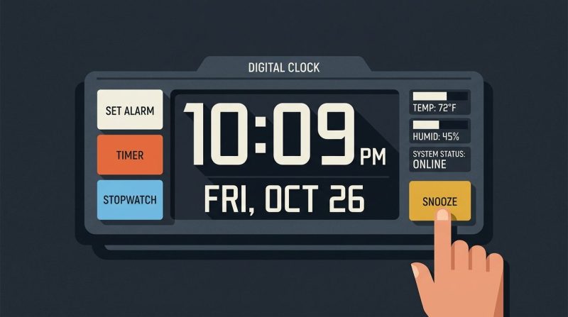 Un reloj digital moderno mostrando una hora programada sobre una mesa.
