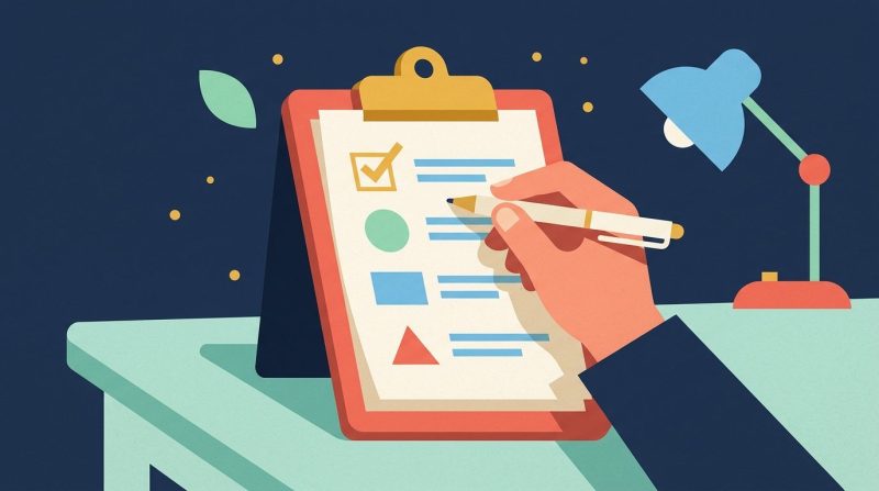 Un portapapeles con una lista de tareas sobre un escritorio limpio.