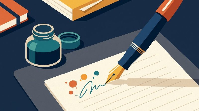 Pluma estilográfica clásica apoyada sobre una libreta de notas abierta.