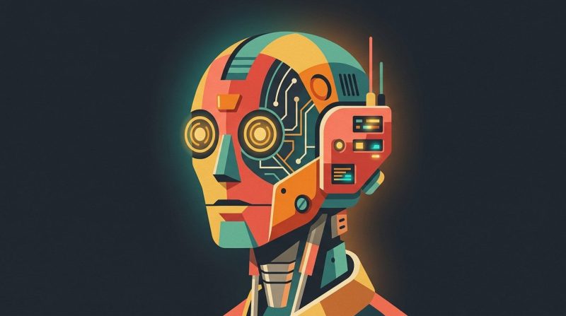 Cabeza de robot minimalista con circuitos brillantes sobre fondo neutro.