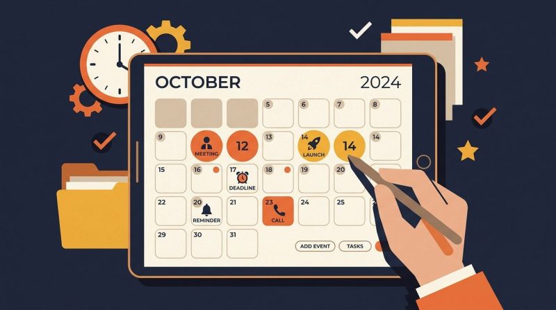 Calendario digital en una pantalla mostrando fechas marcadas con colores