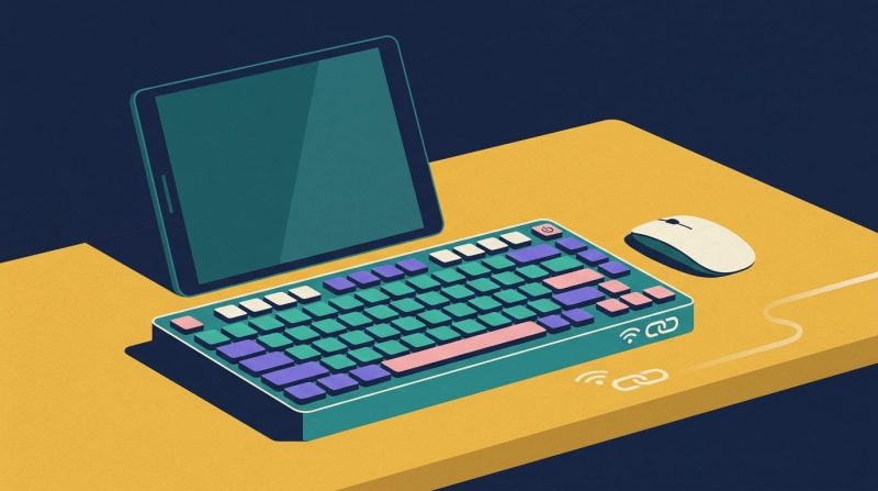 Teclado inalámbrico compacto colocado sobre una superficie de madera clara.