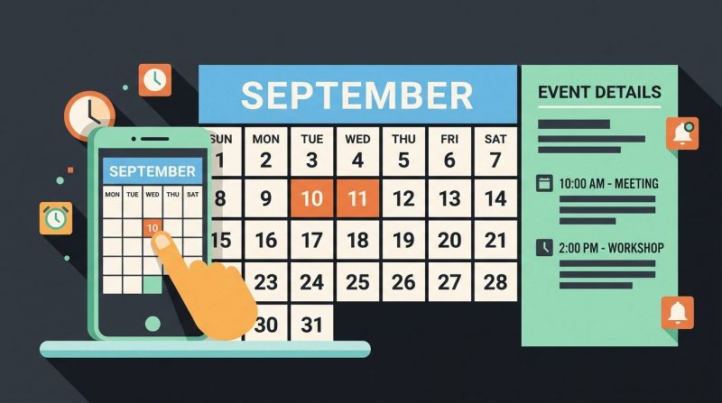 Calendario digital en una pantalla mostrando tareas marcadas con colores.