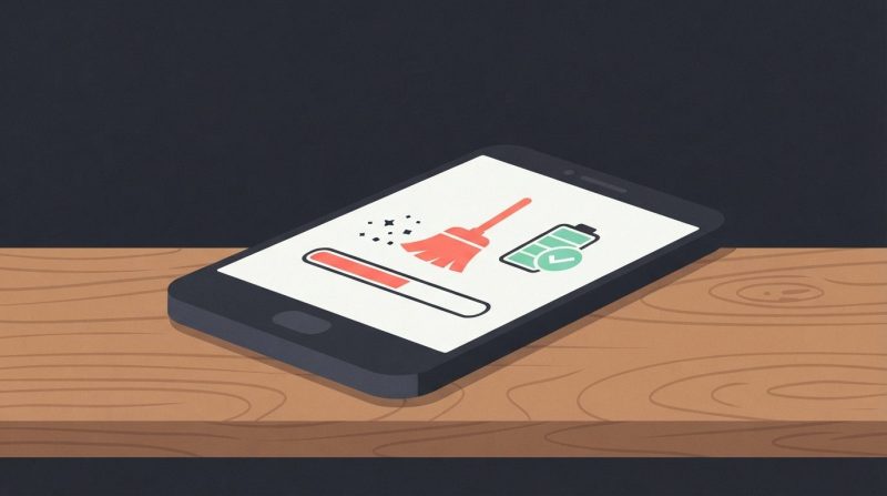 Un smartphone sobre una mesa con iconos de limpieza y optimización de sistema.