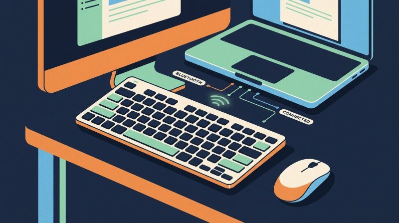 Teclado inalámbrico compacto colocado sobre una superficie de madera clara.