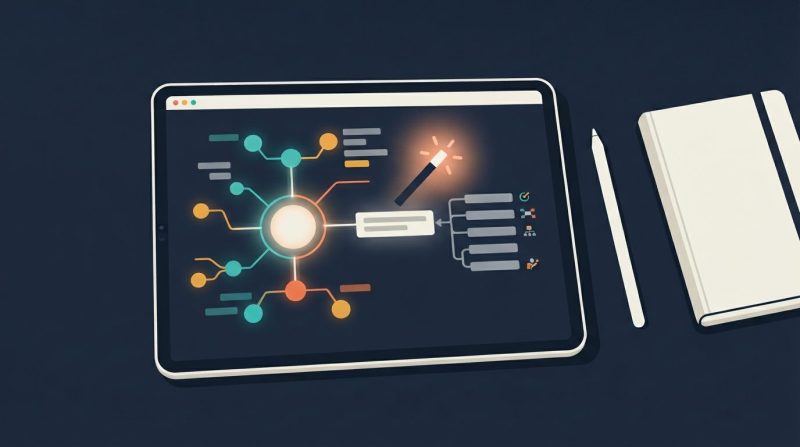 Tableta digital mostrando un mapa mental complejo con nodos brillantes y líneas conectadas.