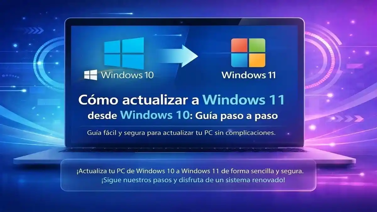 Un gráfico promocional de alta tecnología en español, ambientado en un ciberespacio de neón azul y púrpura. Muestra un portátil abierto con una pantalla que dice "Cómo actualizar a Windows 11 desde Windows 10: Guía paso a paso", con logotipos de Windows 10 y 11 y una flecha de actualización. Un panel flotante translúcido debajo del portátil dice: "¡Actualiza tu PC de Windows 10 a Windows 11 de forma sencilla y segura! ¡Sigue nuestros pasos y disfruta de un sistema renovado!".