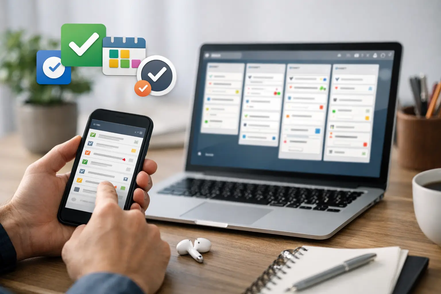 Aplicación y software de gestión de tareas en móvil y laptop para mejorar productividad.