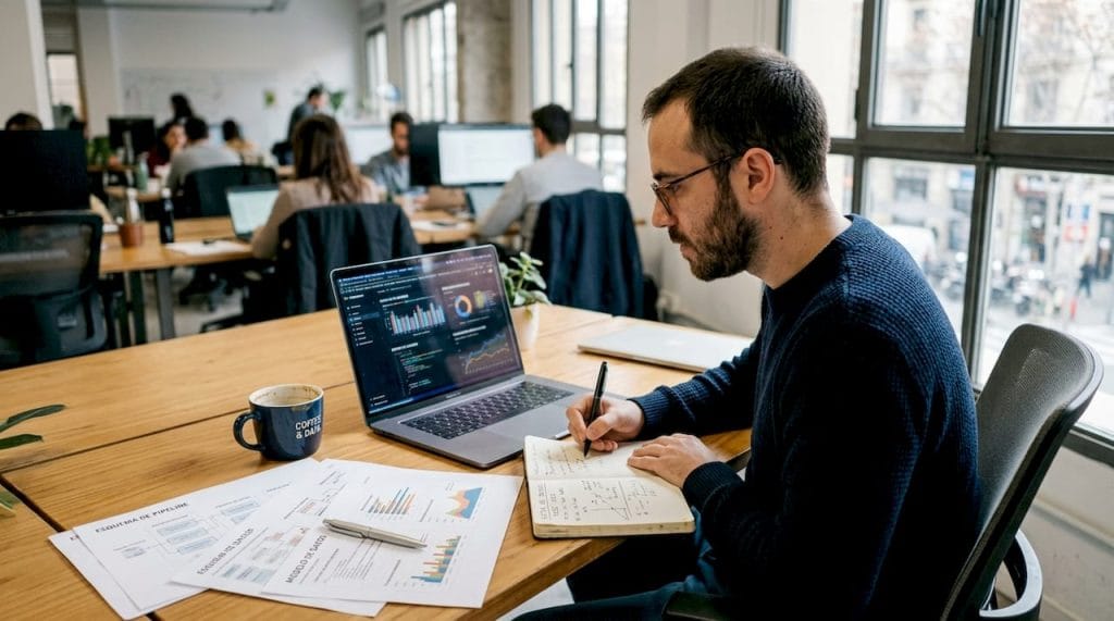 Un profesional analiza información en una mesa de trabajo junto a sus compañeros.