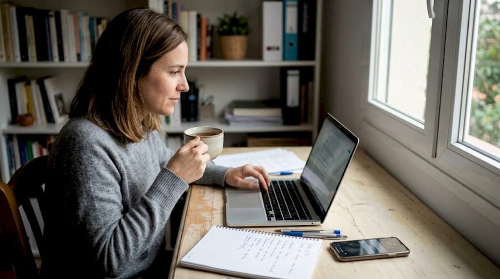 Mujer organizando su flujo de trabajo digital desde su oficina en casa